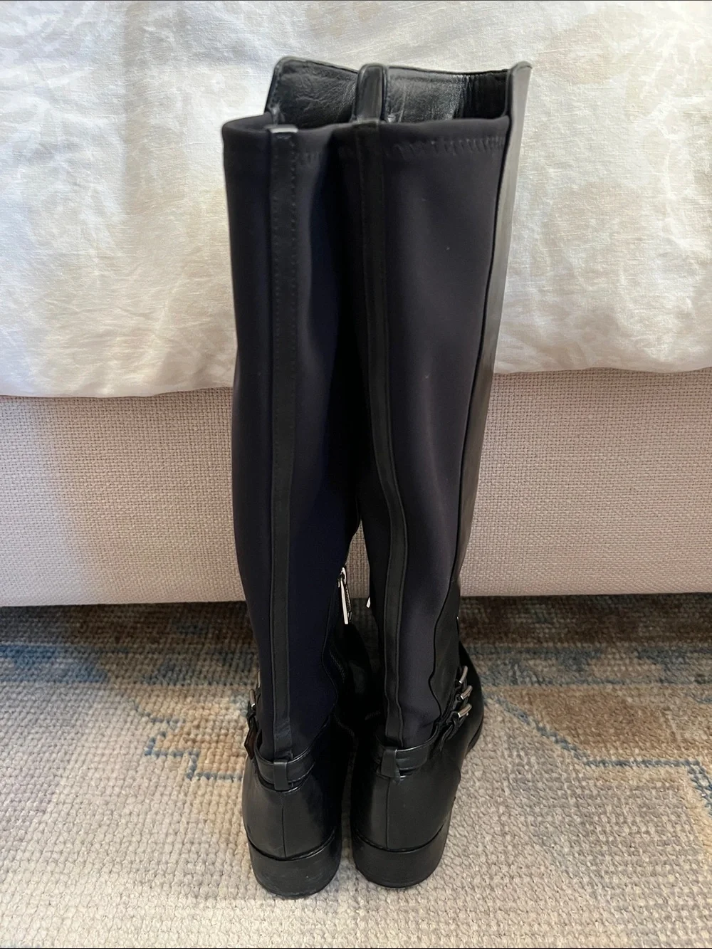 Donald J. Pliner Black Knee-High Leather Boots with Silver Buckle